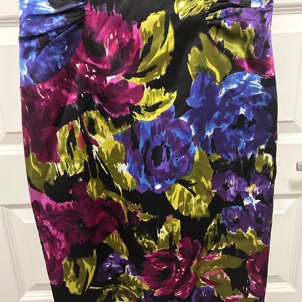 Adrianna Papell Black Floral Midi Dress with Purple, Blue & Olive - Picture 4 of 9